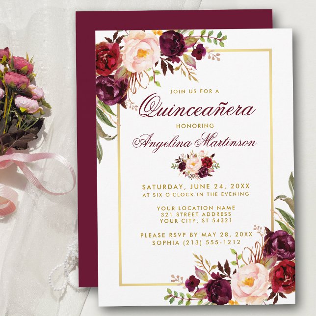 Invitation Aquarelle Bourgogne Florale Quinceanera Or (Customize to change text color, style, add text & photos to back or change color of back of card.)