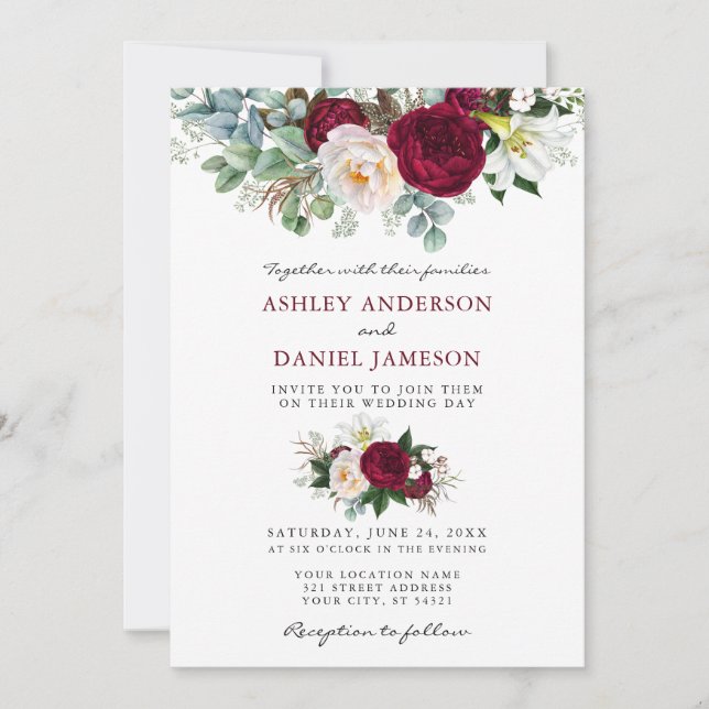 Invitation Aquarelle Bourgogne Flore Mariage B (Devant)