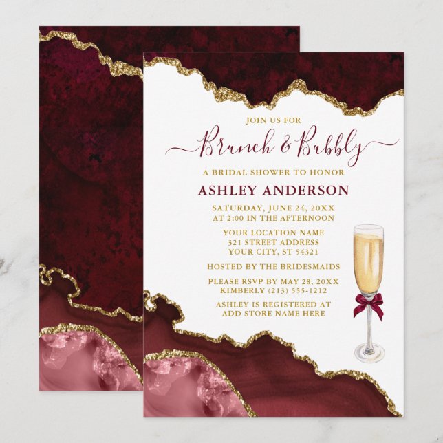 Invitation Aquarelle Bourgogne Gold Marble Bridal Brunch (Devant / Derrière)