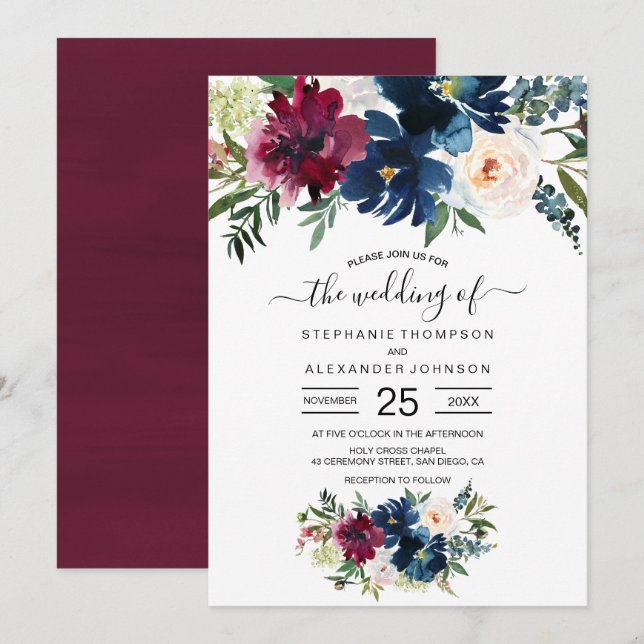 Invitation Aquarelle Bourgogne Mariage de fleurs de marine (Devant / Derrière)