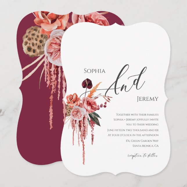 Invitation Aquarelle Bourgogne Mariage Fleurs séchées (Devant / Derrière)