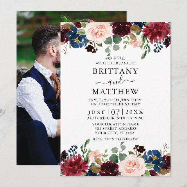 Invitation Aquarelle Bourgogne Mariage photo floral mixte (Devant / Derrière)