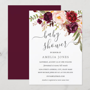 Invitation Aquarelle Bourgogne moderne Baby shower Floral