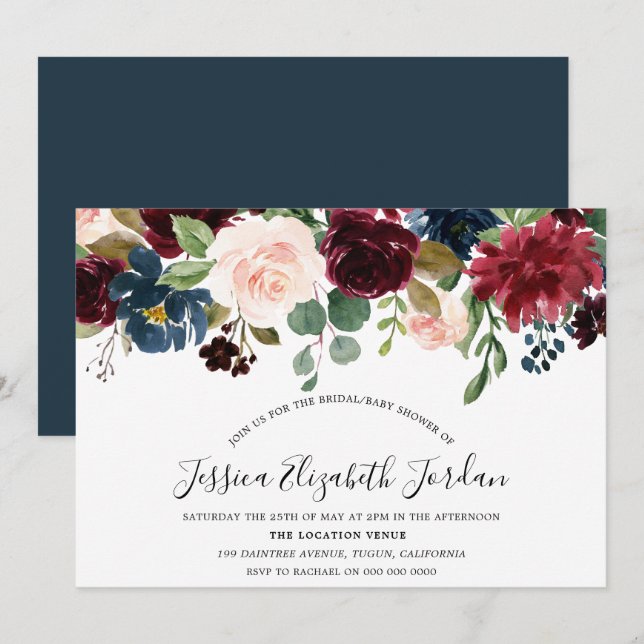 Invitation Aquarelle Bourgogne moderne Bébé ou Fête des marié (Devant / Derrière)