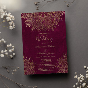 Invitation Aquarelle bourgogne or Mariage de mandala floral