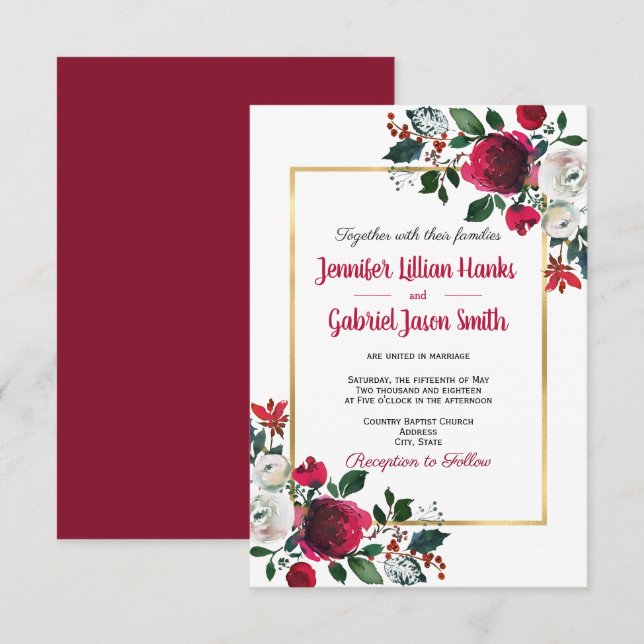 Invitation Aquarelle Bourgogne rose cadre or floral mariage (Devant / Derrière)