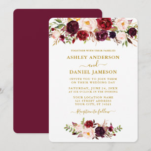 Invitation Aquarelle Bourgogne rose Floral Mariage Or