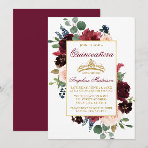 Invitation Aquarelle Bourgogne rose Floral Or Quinceanera