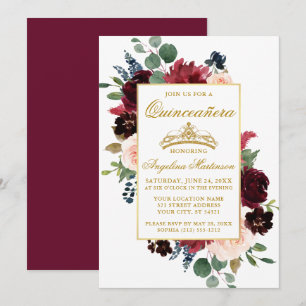 Invitation Aquarelle Bourgogne rose Floral Quinceanera