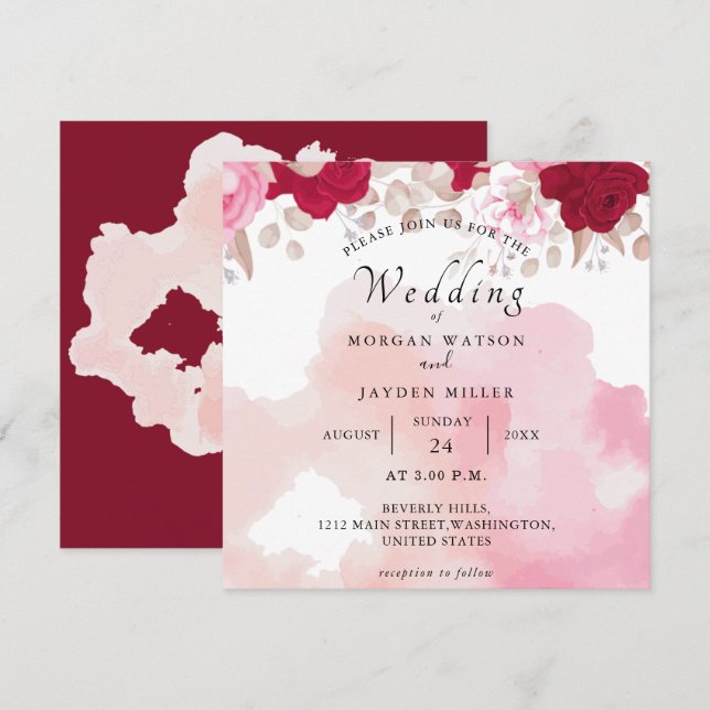 Invitation Aquarelle Bourgogne rouge bleu rose rose Mariage (Devant / Derrière)