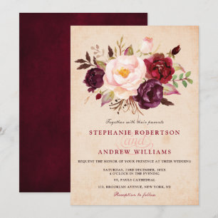 Invitation Aquarelle Bourgogne Rouge Floral Russe Boho