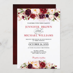 Invitation Aquarelle Bourgogne Rouge Floral Russe Boho