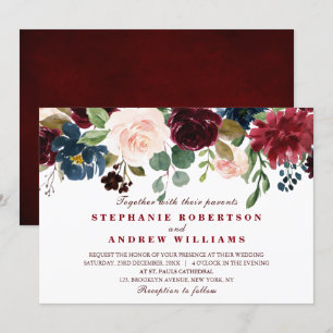 Invitation Aquarelle Bourgogne Rouge Marine bleu Floral Boho