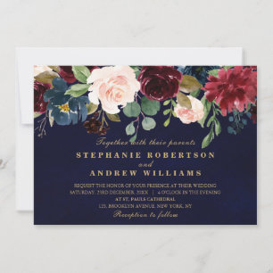 Invitation Aquarelle Bourgogne Rouge Marine Floral Russe Boho