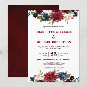 Invitation Aquarelle Bourgogne Rouge Marine Floral Russe Boho