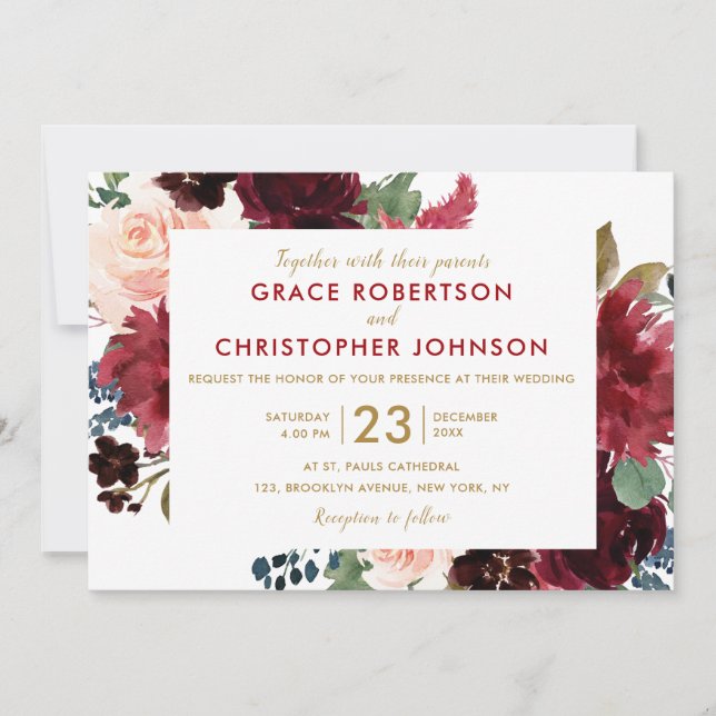 Invitation Aquarelle Bourgogne Rouge Marine Floral Russe Boho (Devant)