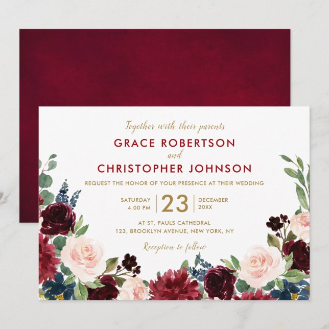 Invitation Aquarelle Bourgogne Rouge Marine Floral Russe Boho (Devant / Derrière)