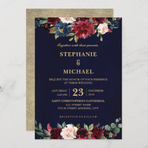 Invitation Aquarelle Bourgogne Rouge Marine Floral Russe Boho
