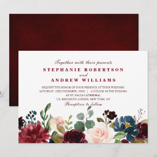 Invitation Aquarelle Bourgogne Rouge Marine Floral Russe Boho