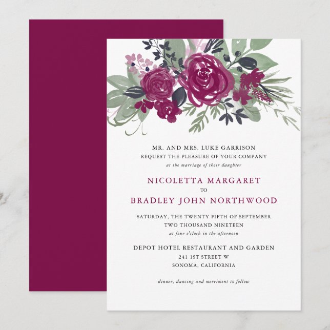 Invitation Aquarelle Bourgogne Vin Floral Boho Mariage (Devant / Derrière)