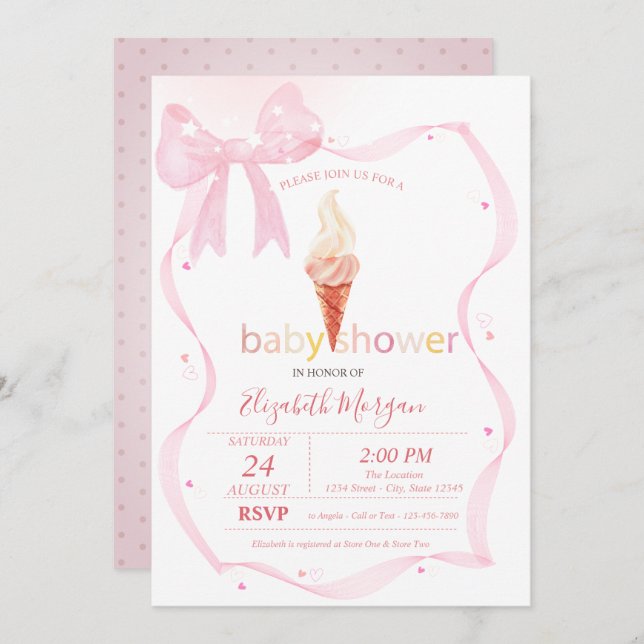 Invitation Aquarelle Bow rose crème glacée Baby shower points (Devant / Derrière)