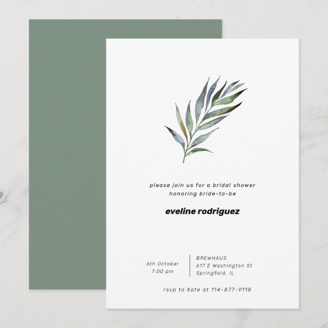 Invitation Aquarelle Branche d'olive Fête des mariées de verd (Devant / Derrière)