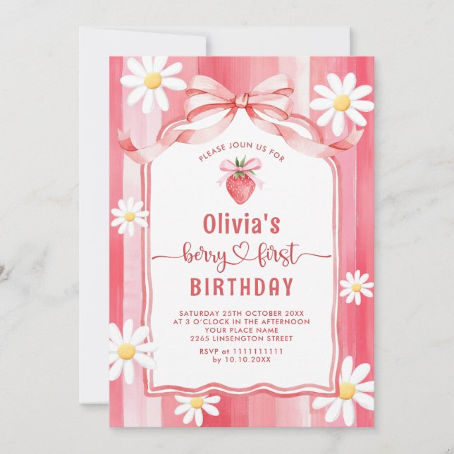 Invitation Aquarelle branchée Fraise Baby First Birthda (Devant)
