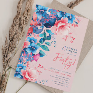 Invitation Aquarelle brillante Floral 40e Anniversaire Blush