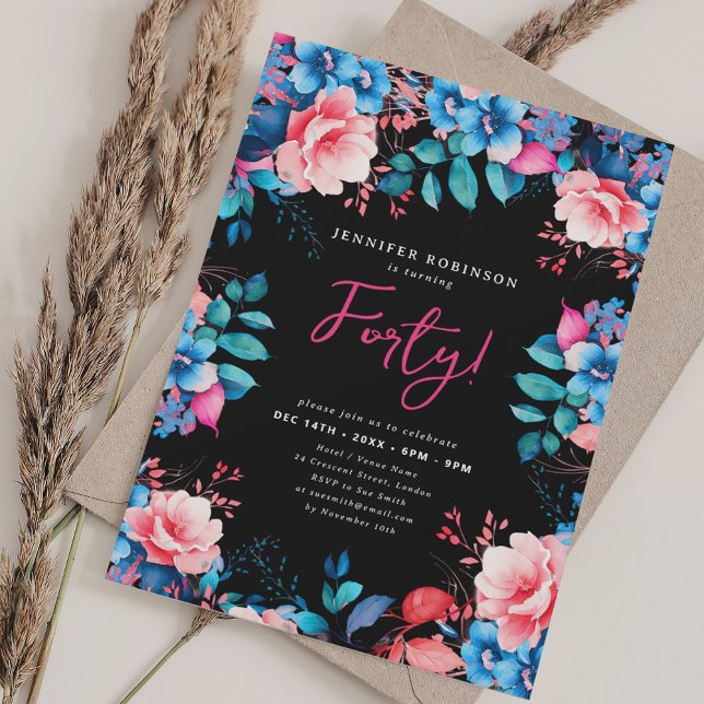 Invitation Aquarelle brillante Florale 40e anniversaire Noir (Bright Watercolor Floral 40th Birthday Black Invitation)