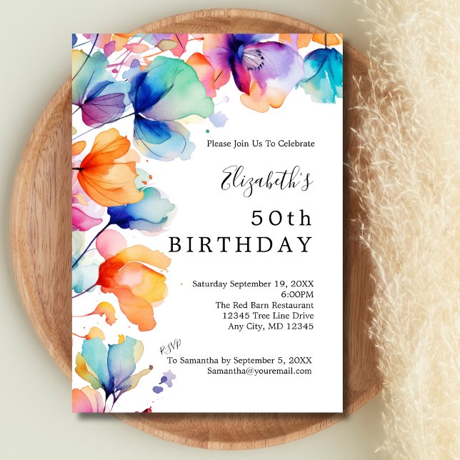 Invitation Aquarelle brillante Florale 50e anniversaire (Orange Blue Purple Bright Watercolor flowers 50th Birthday ( or any year ) Invitation for her)