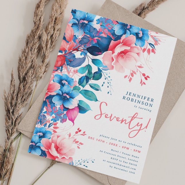 Invitation Aquarelle brillante Florale 70e anniversaire (Bright Watercolor Floral 70th Birthday Invitation)