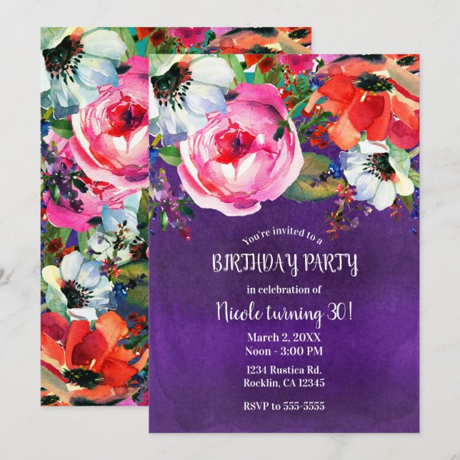 Invitation Aquarelle brillante Florale pourpre fête d'anniver (Devant / Derrière)