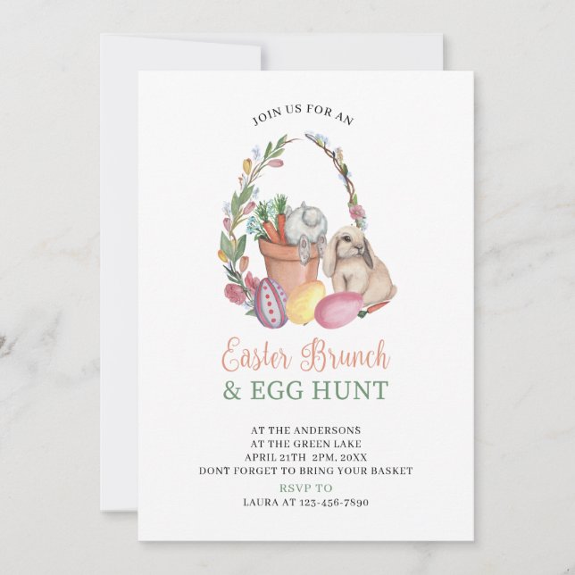 Invitation Aquarelle Brunch de Pâques et lapin de chasse aux  (Devant)