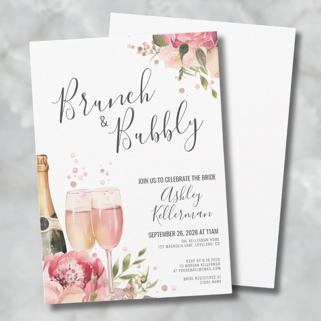 Invitation Aquarelle Brunch Et Fête des mariées Florale Bubbl (Watercolor Brunch And Bubbly Floral Bridal Shower Invitation)