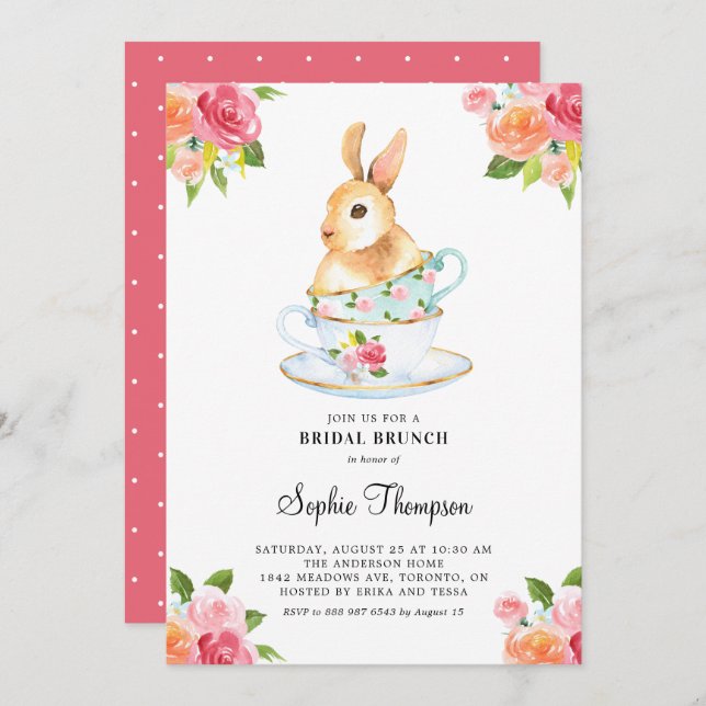 Invitation Aquarelle Bunny sur Teups Fleur Brunch nuptial (Devant / Derrière)
