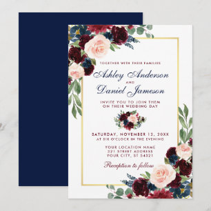 Invitation Aquarelle Burgundy Bleu Floral Mariage Or