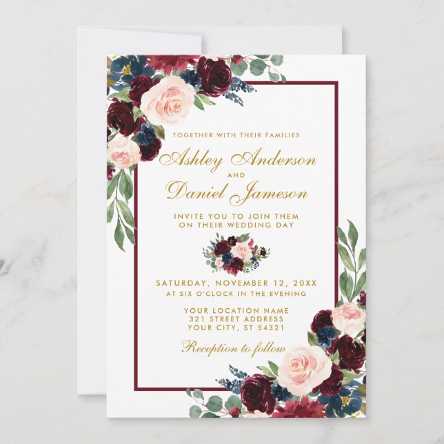 Invitation Aquarelle Burgundy Bleu Floral Mariage W (Devant)