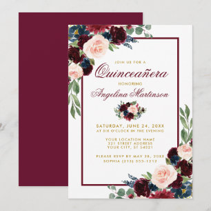 Invitation Aquarelle Burgundy Bleu Floral Or Quinceanera