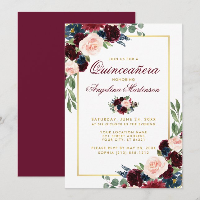 Invitation Aquarelle Burgundy Bleu Floral Quinceanera Or (Devant / Derrière)