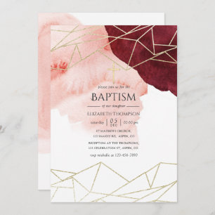 Invitation Aquarelle Burgundy Blush Baptême géométrique
