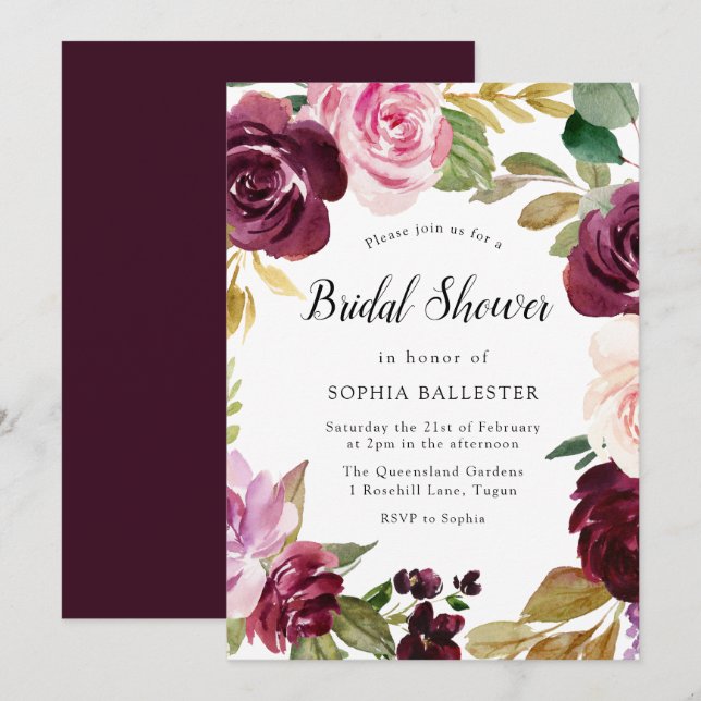 Invitation Aquarelle Burgundy Blush Fête des mariées Florale (Devant / Derrière)