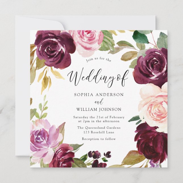 Invitation Aquarelle Burgundy Blush Floral Wreath Mariage (Devant)