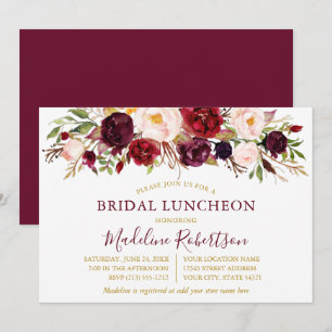 Invitation Aquarelle Burgundy Floral Gold Bride déjeuner
