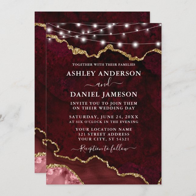 Invitation Aquarelle Burgundy Marble Géode Mariage (Devant / Derrière)