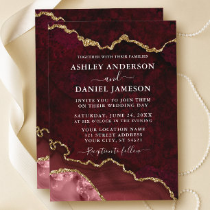 Invitation Aquarelle Burgundy Marbre Agate Mariage géographiq
