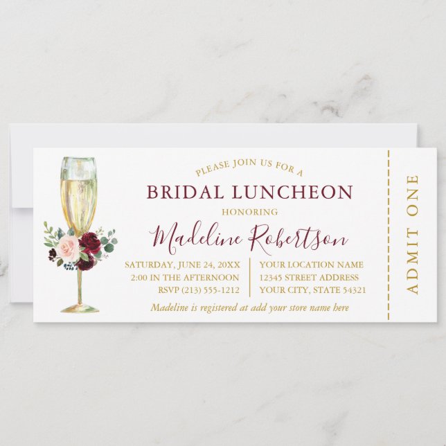 Invitation Aquarelle Burgundy Rose Floral Luncheon Billet (Devant)