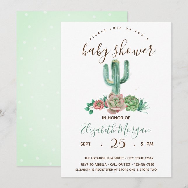 Invitation Aquarelle Cactus Baby shower de points succulents (Devant / Derrière)