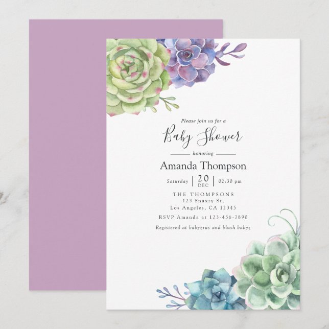 Invitation Aquarelle Cactus Baby shower de succulents (Devant / Derrière)