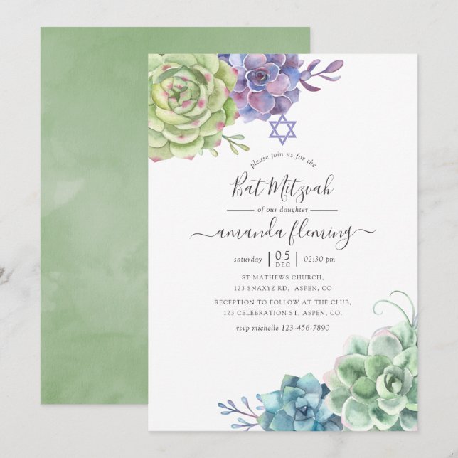 Invitation Aquarelle Cactus Bat mitzvah de succulents (Devant / Derrière)