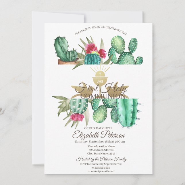 Invitation Aquarelle Cactus première sainte communion (Devant)